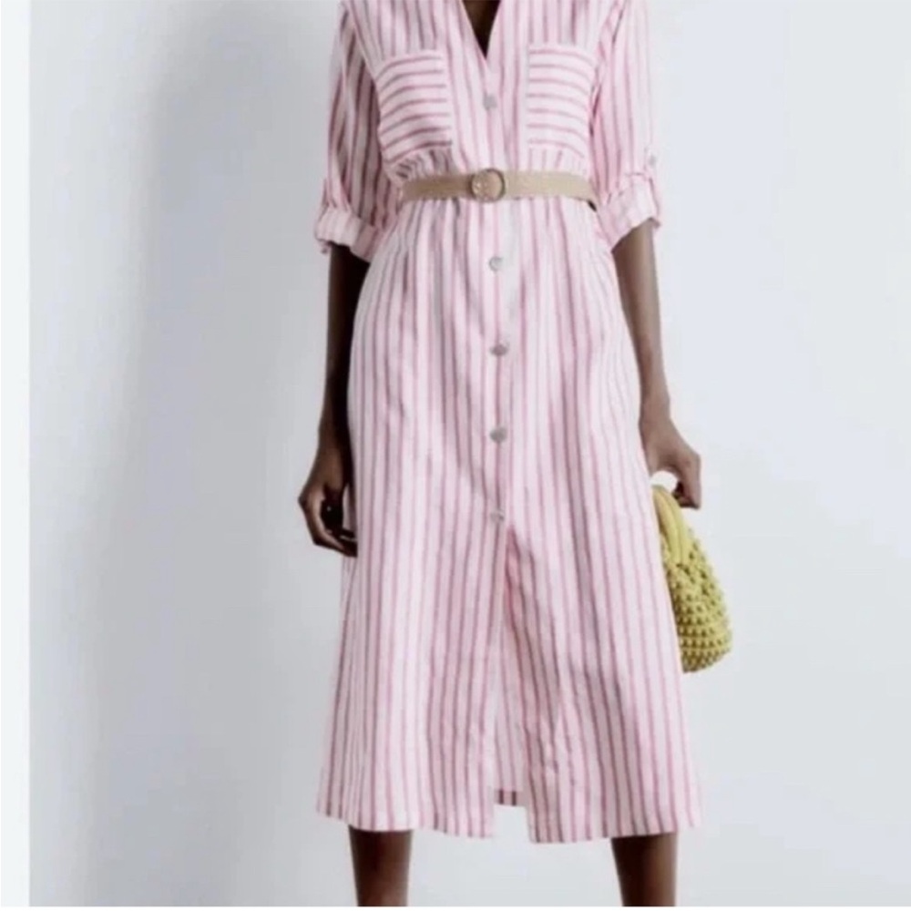 Zara Linen Blend Pink Stripe Midi Shirt Dress Sz Med